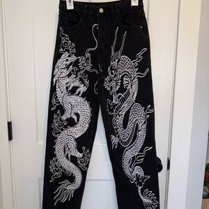 Black Jeans with White Dragon Design